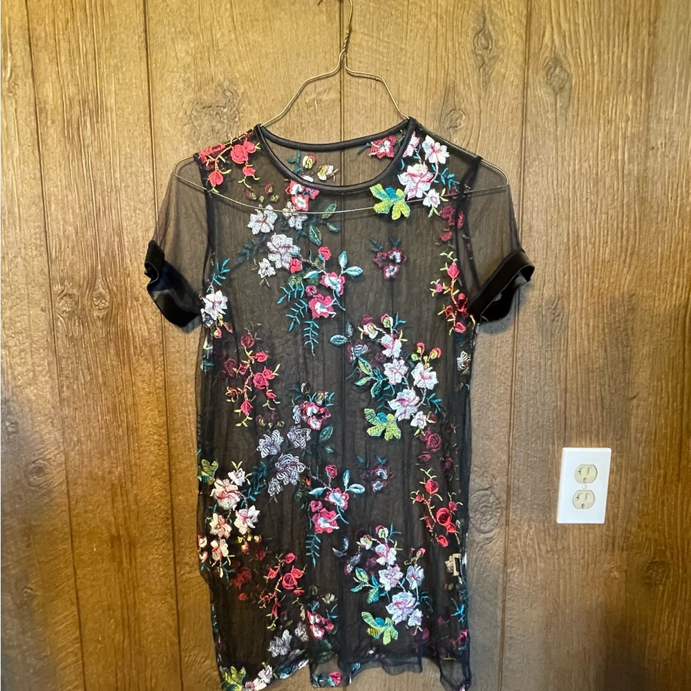 SHEIN Black Sheer Dress with Colorful Floral Embroidery